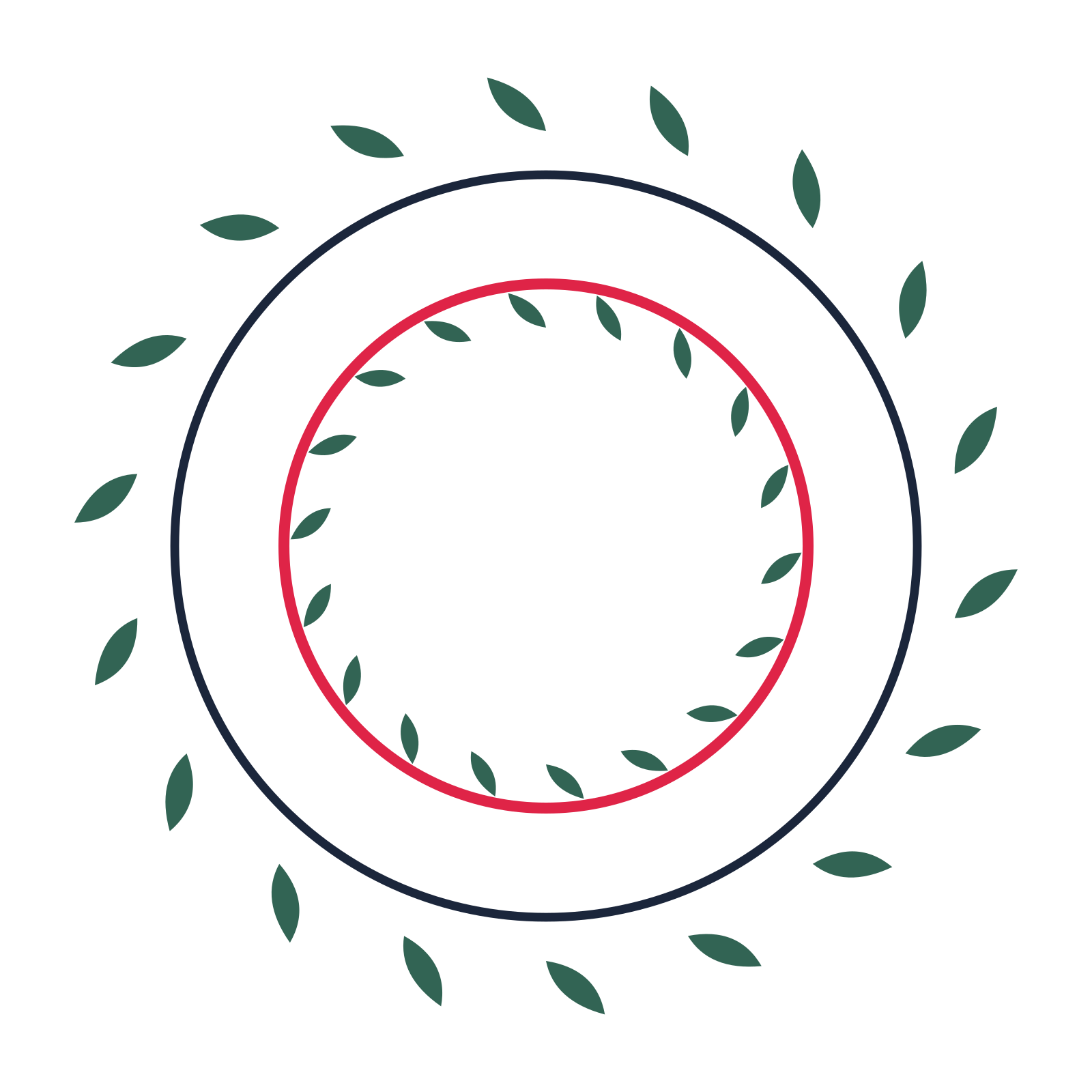 A circular emblem with 18 leaf motifs, fine concentric rings and a double orbit structure.
