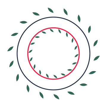 A circular emblem with 18 leaf motifs, fine concentric rings and a double orbit structure.