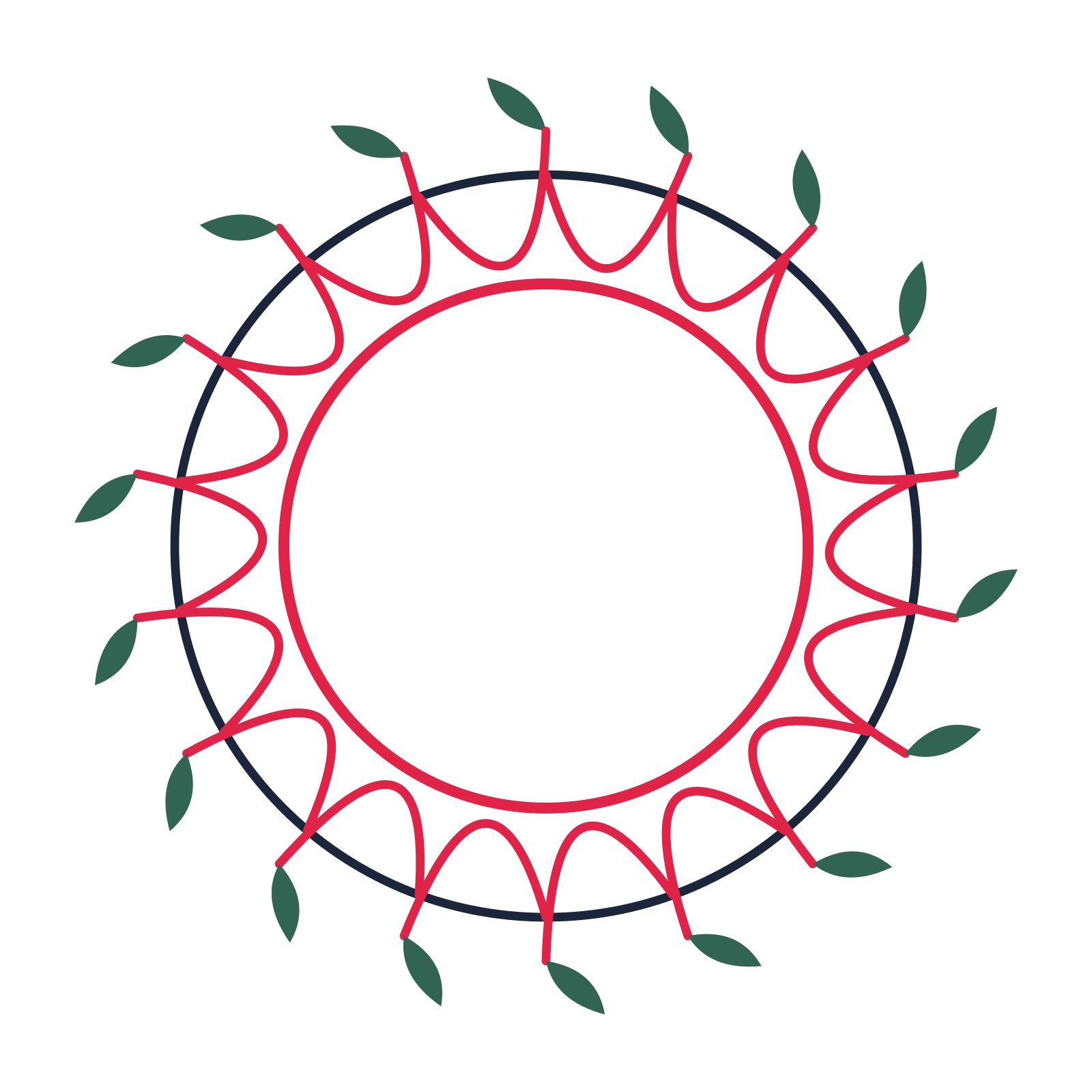 A circular emblem with 18 leaf motifs, fine concentric rings and a interlaced structure.