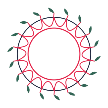 A circular emblem with 18 leaf motifs, fine concentric rings and a interlaced structure.