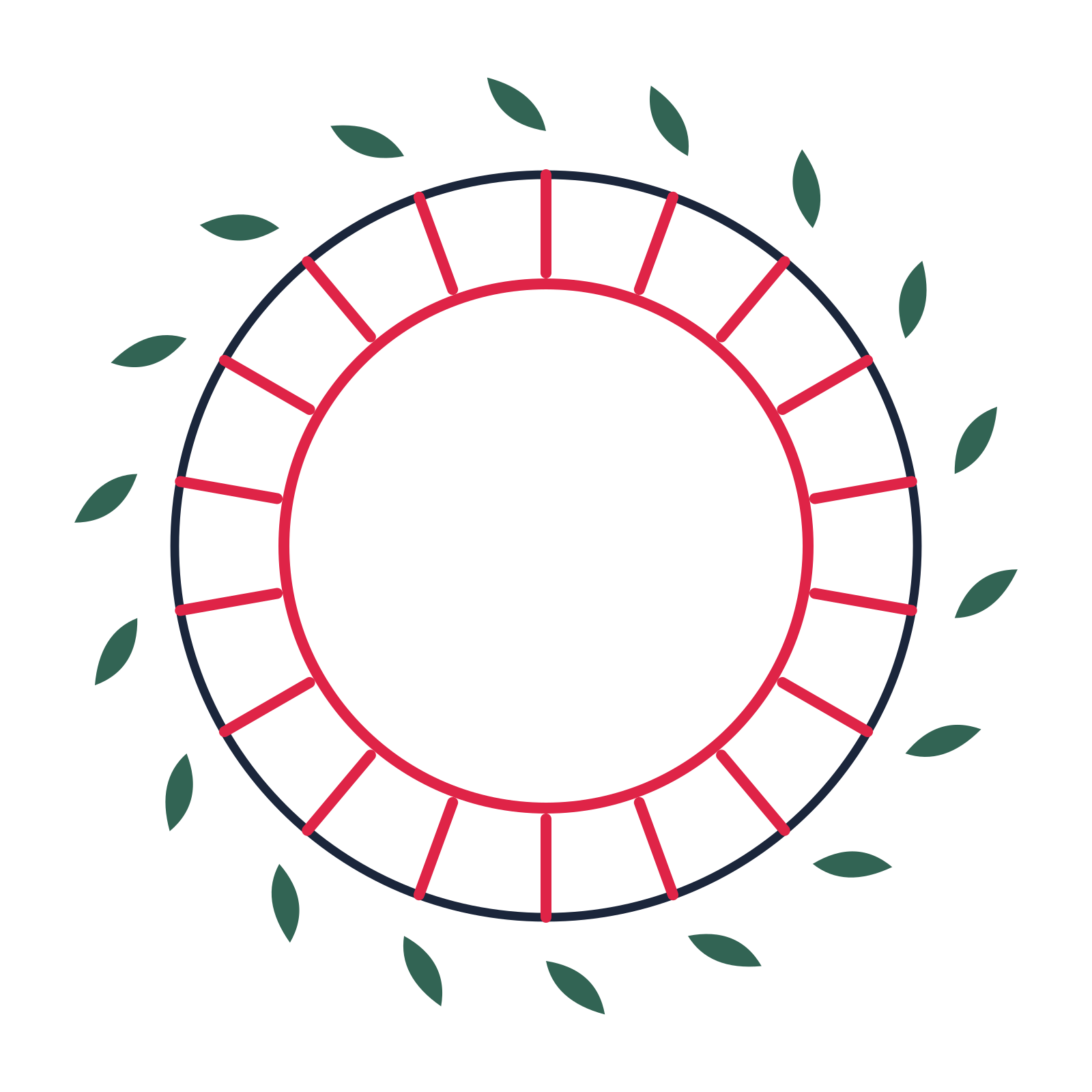 A circular emblem with 18 leaf motifs, fine concentric rings and a spokes structure.