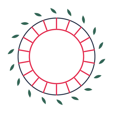 A circular emblem with 18 leaf motifs, fine concentric rings and a spokes structure.