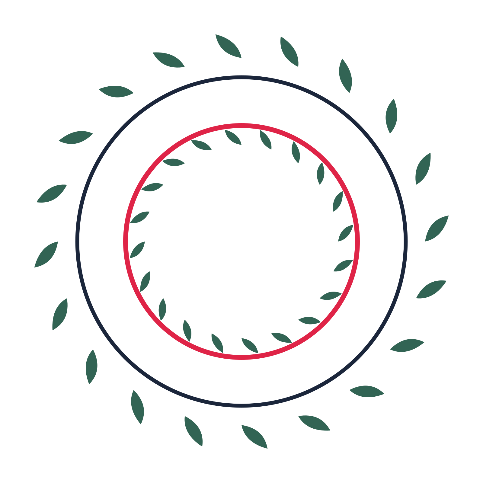 A circular emblem with 20 leaf motifs, fine concentric rings and a double orbit structure.