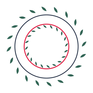 A circular emblem with 20 leaf motifs, fine concentric rings and a double orbit structure.