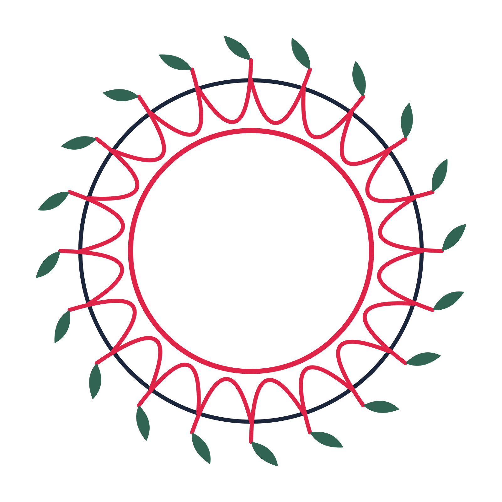 A circular emblem with 20 leaf motifs, fine concentric rings and a interlaced structure.