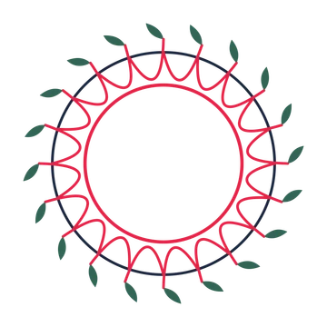 A circular emblem with 20 leaf motifs, fine concentric rings and a interlaced structure.
