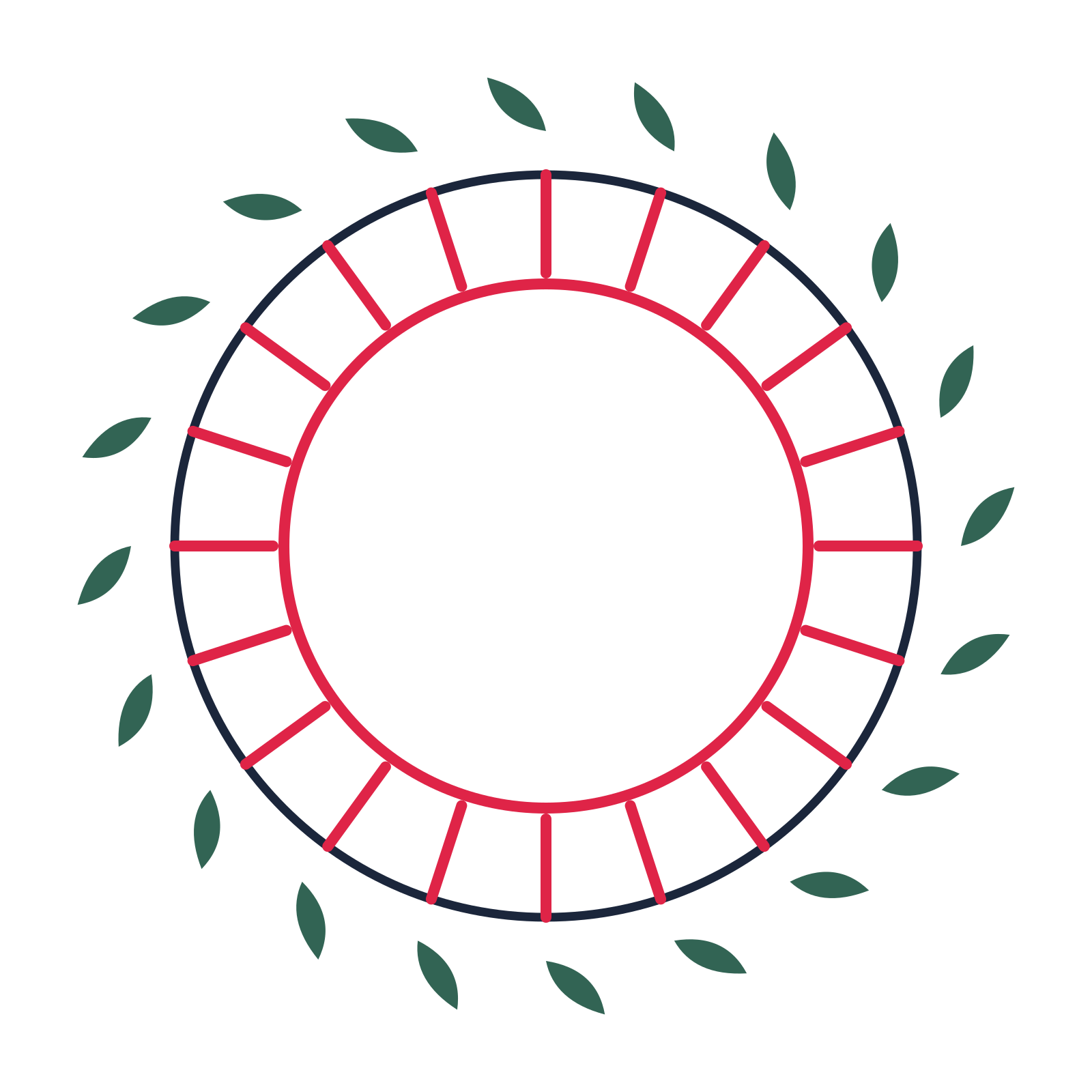 A circular emblem with 20 leaf motifs, fine concentric rings and a spokes structure.