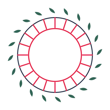 A circular emblem with 20 leaf motifs, fine concentric rings and a spokes structure.