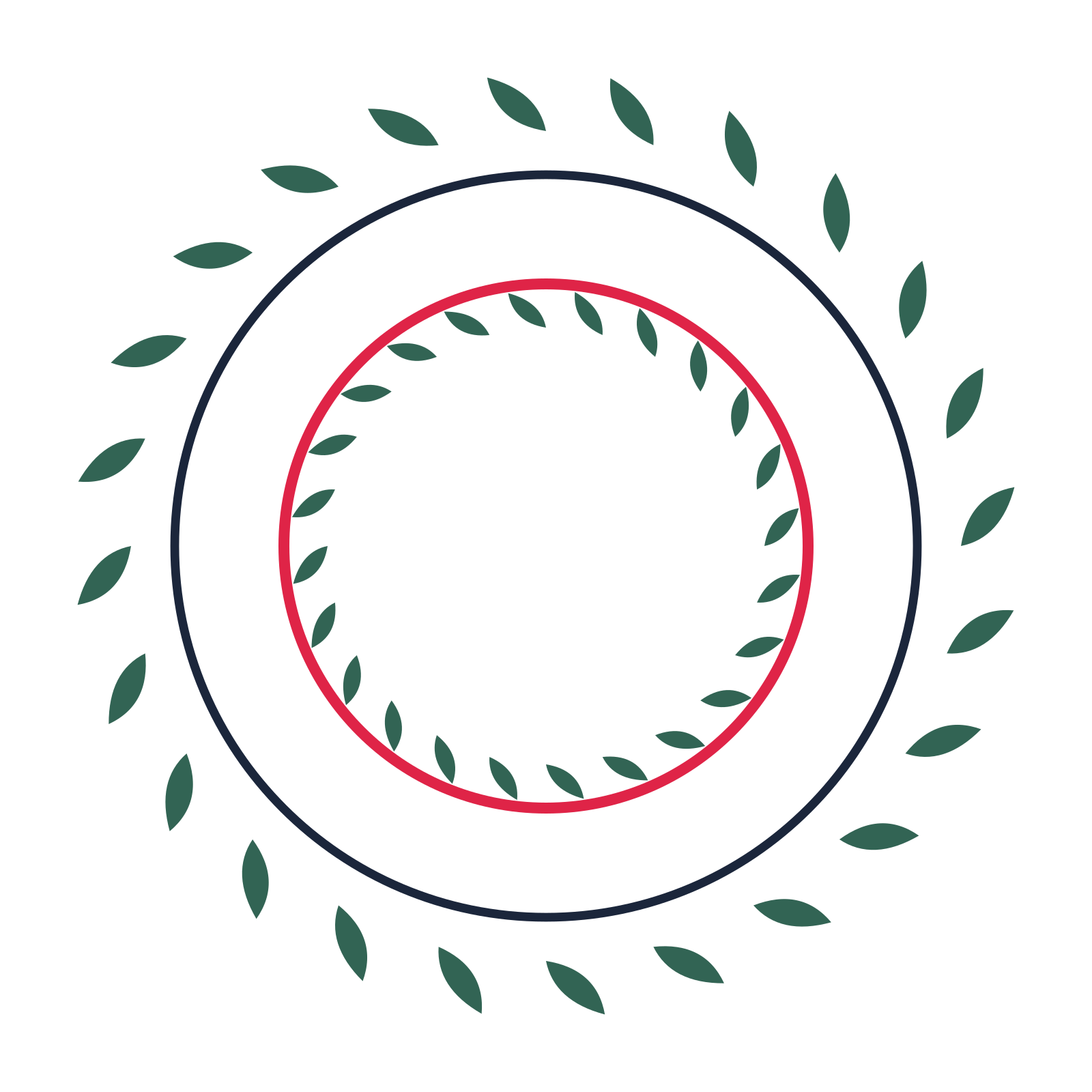 A circular emblem with 24 leaf motifs, fine concentric rings and a double orbit structure.