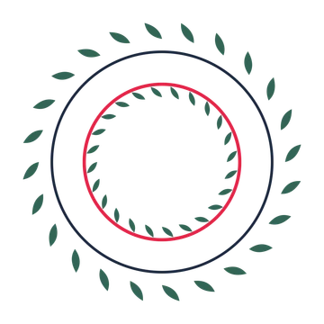 A circular emblem with 24 leaf motifs, fine concentric rings and a double orbit structure.