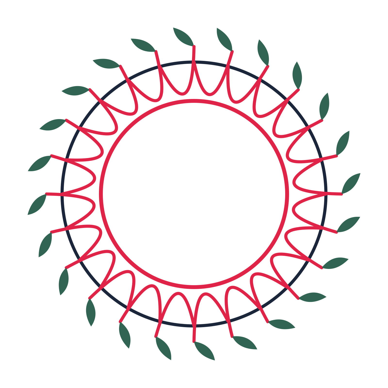 A circular emblem with 24 leaf motifs, fine concentric rings and a interlaced structure.