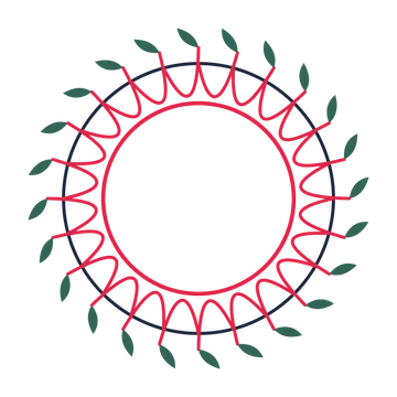 A circular emblem with 24 leaf motifs, fine concentric rings and a interlaced structure.