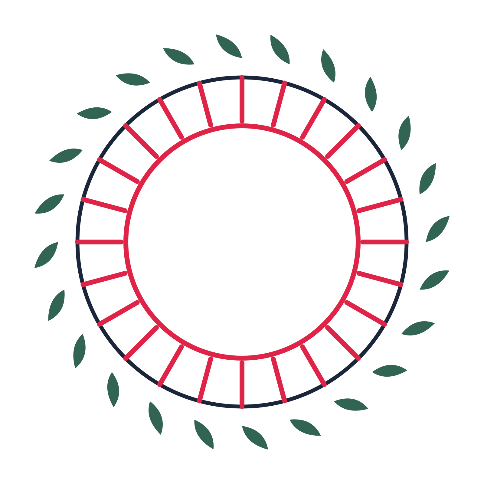 A circular emblem with 24 leaf motifs, fine concentric rings and a spokes structure.