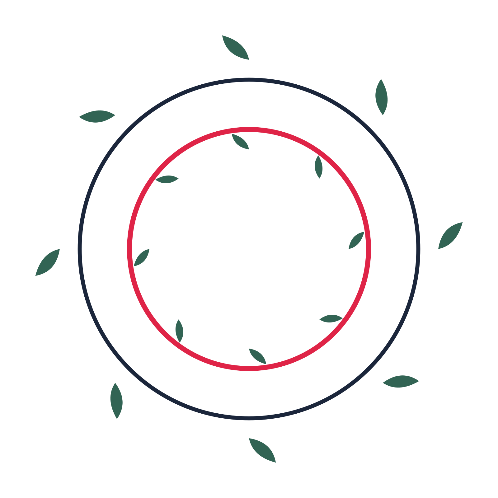 A circular emblem with 8 leaf motifs, fine concentric rings and a double orbit structure.