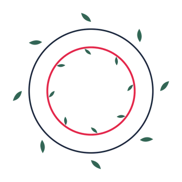 A circular emblem with 8 leaf motifs, fine concentric rings and a double orbit structure.
