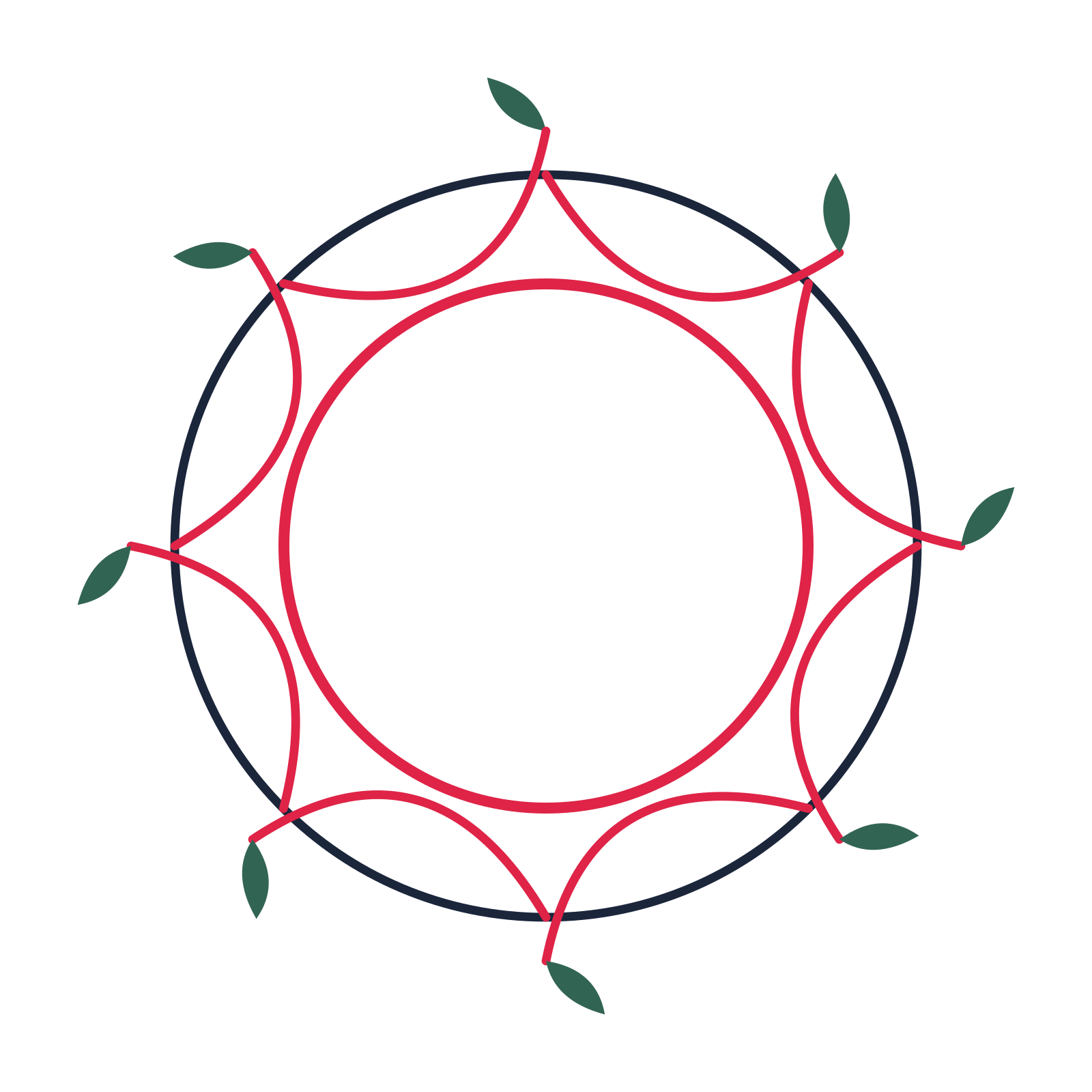 A circular emblem with 8 leaf motifs, fine concentric rings and a interlaced structure.