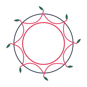 A circular emblem with 8 leaf motifs, fine concentric rings and a interlaced structure.