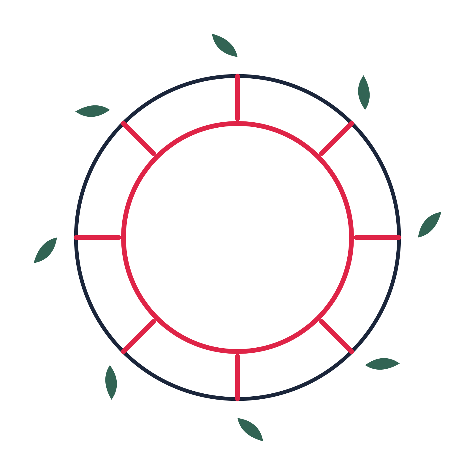 A circular emblem with 8 leaf motifs, fine concentric rings and a spokes structure.