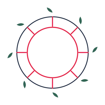A circular emblem with 8 leaf motifs, fine concentric rings and a spokes structure.