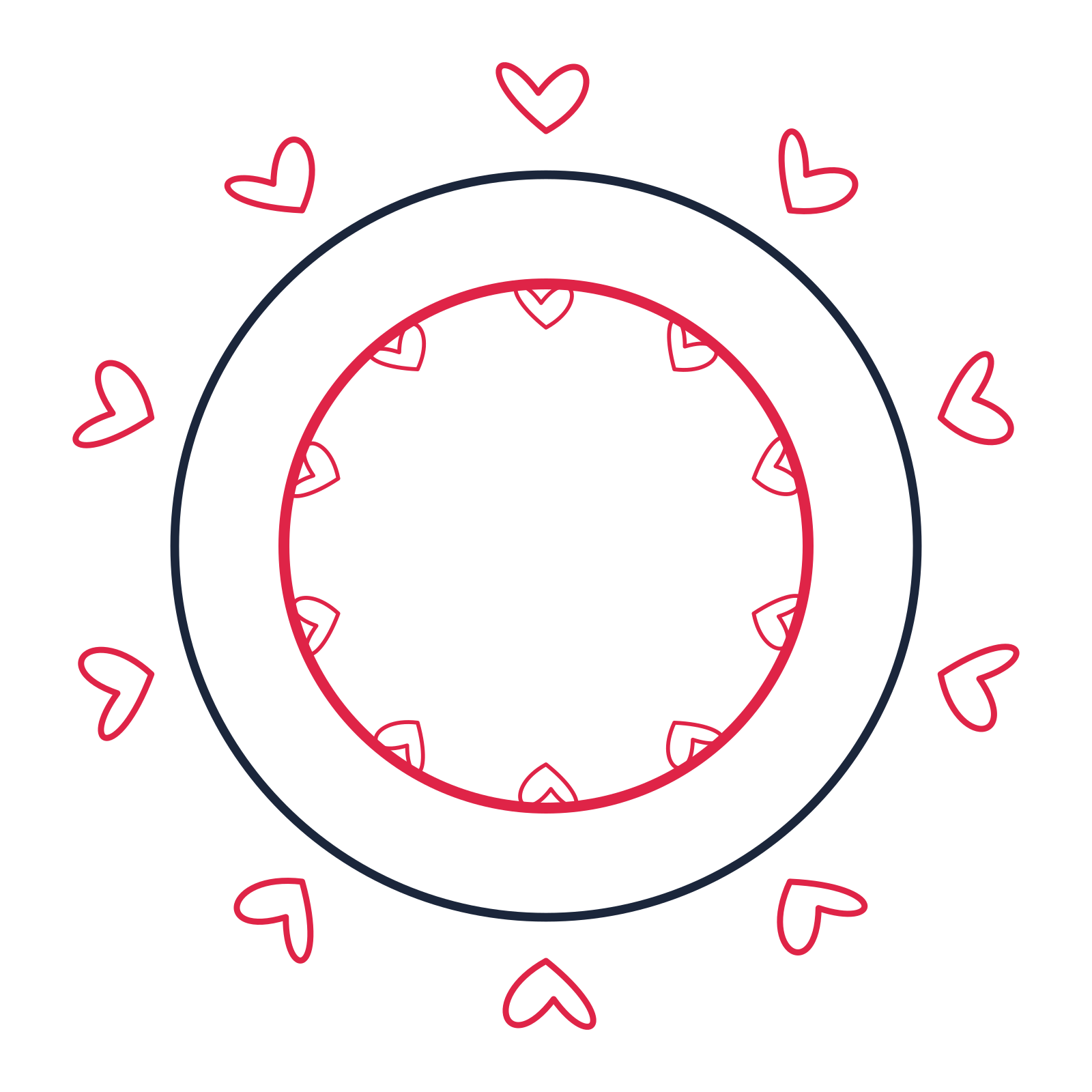 A circular emblem with 10 loop motifs, fine concentric rings and a double orbit structure.