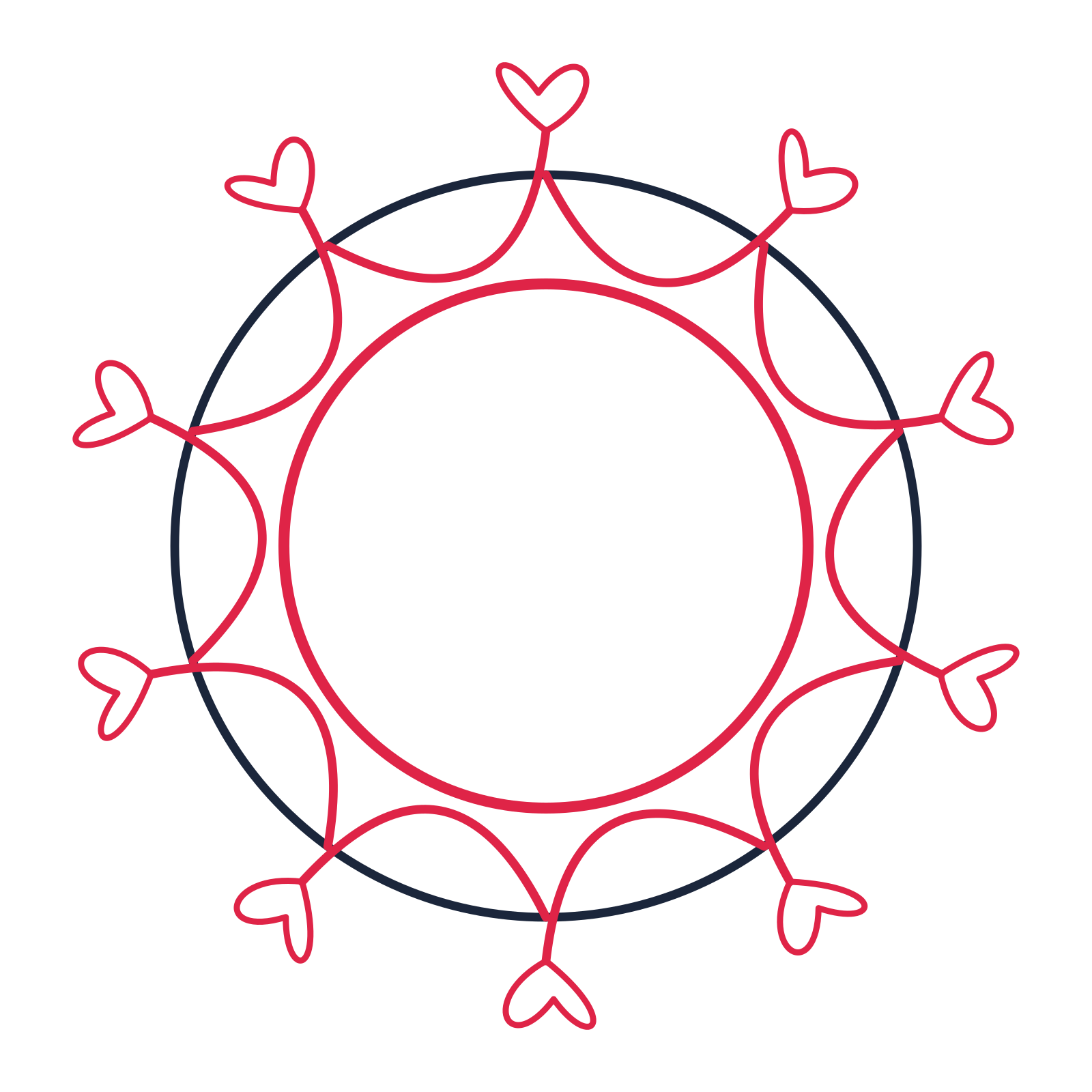 A circular emblem with 10 loop motifs, fine concentric rings and a interlaced structure.