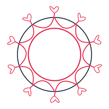 A circular emblem with 10 loop motifs, fine concentric rings and a interlaced structure.