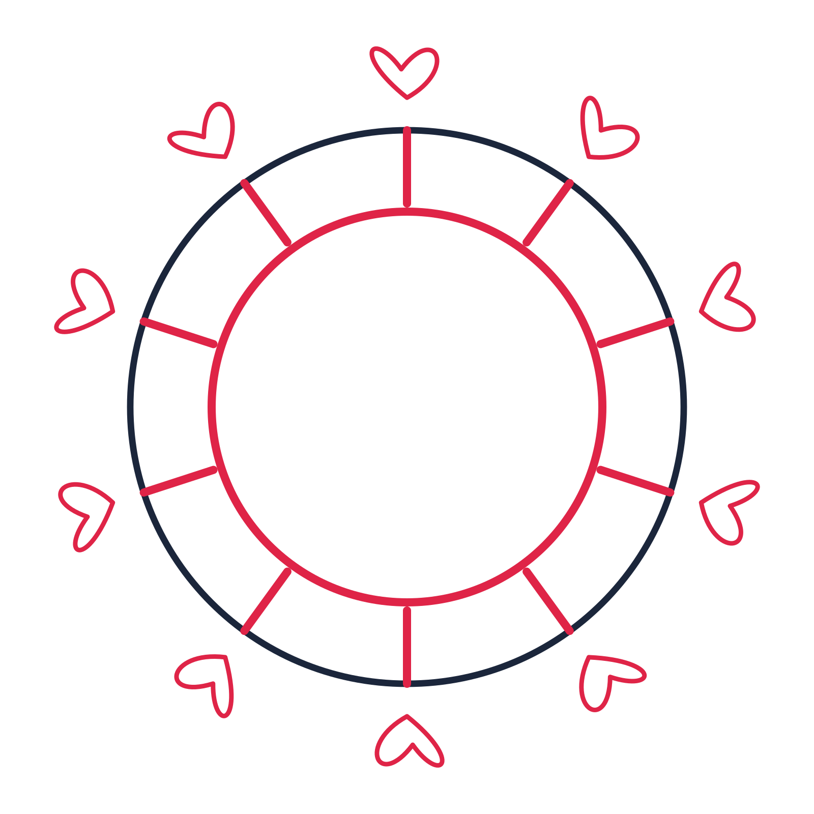 A circular emblem with 10 loop motifs, fine concentric rings and a spokes structure.