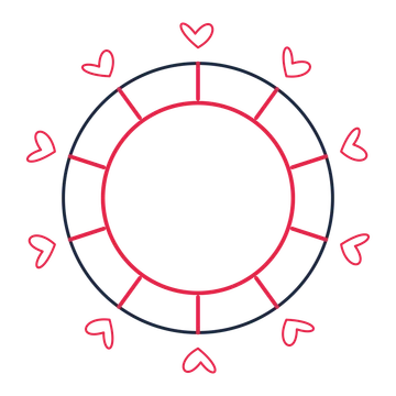 A circular emblem with 10 loop motifs, fine concentric rings and a spokes structure.