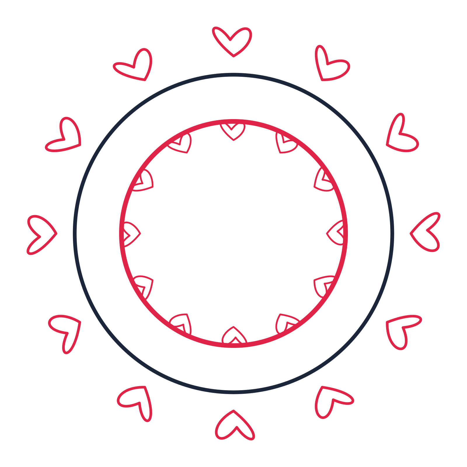 A circular emblem with 12 loop motifs, fine concentric rings and a double orbit structure.