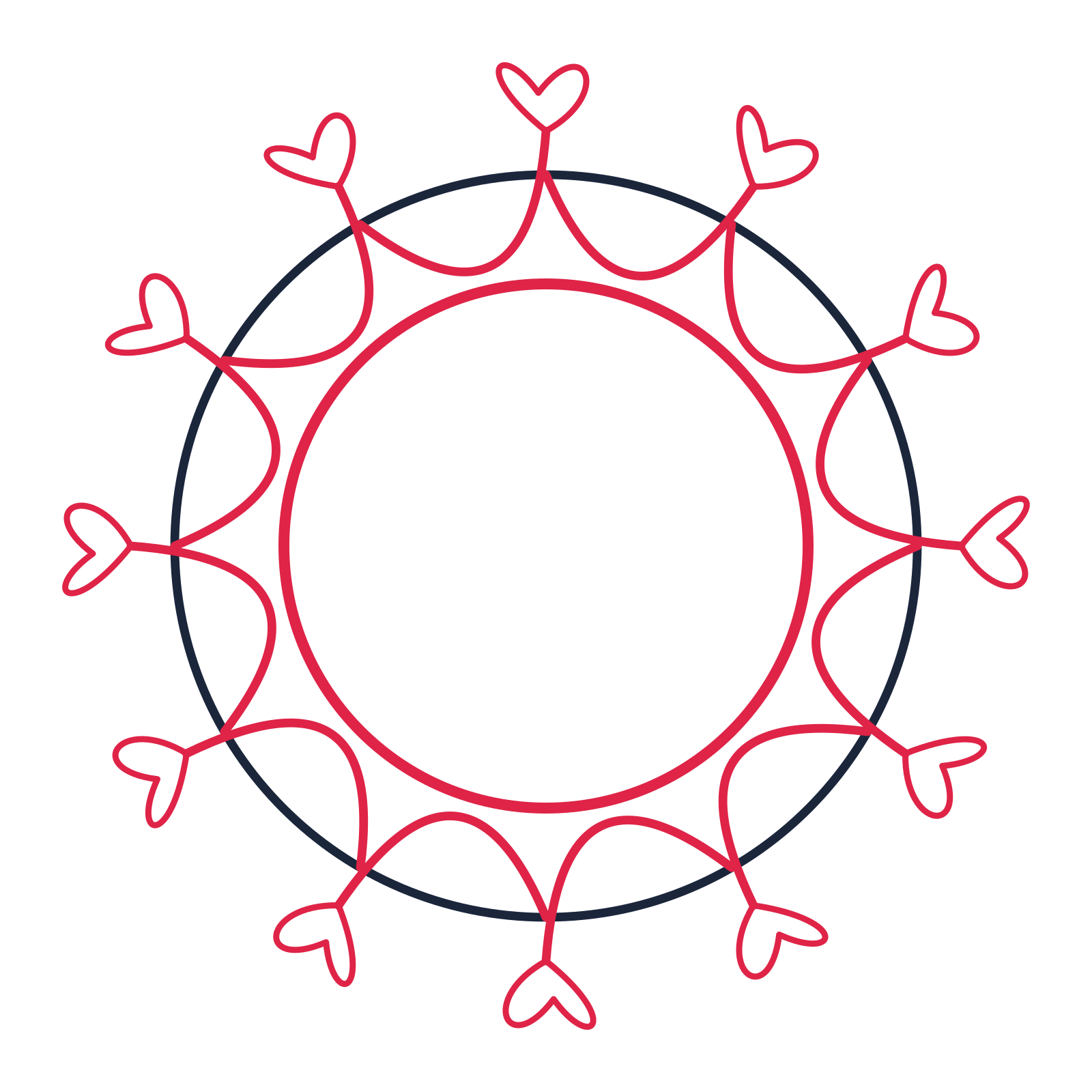 A circular emblem with 12 loop motifs, fine concentric rings and a interlaced structure.