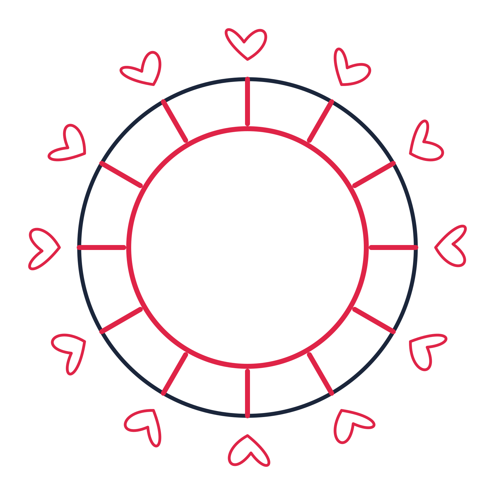 A circular emblem with 12 loop motifs, fine concentric rings and a spokes structure.