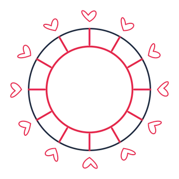 A circular emblem with 12 loop motifs, fine concentric rings and a spokes structure.