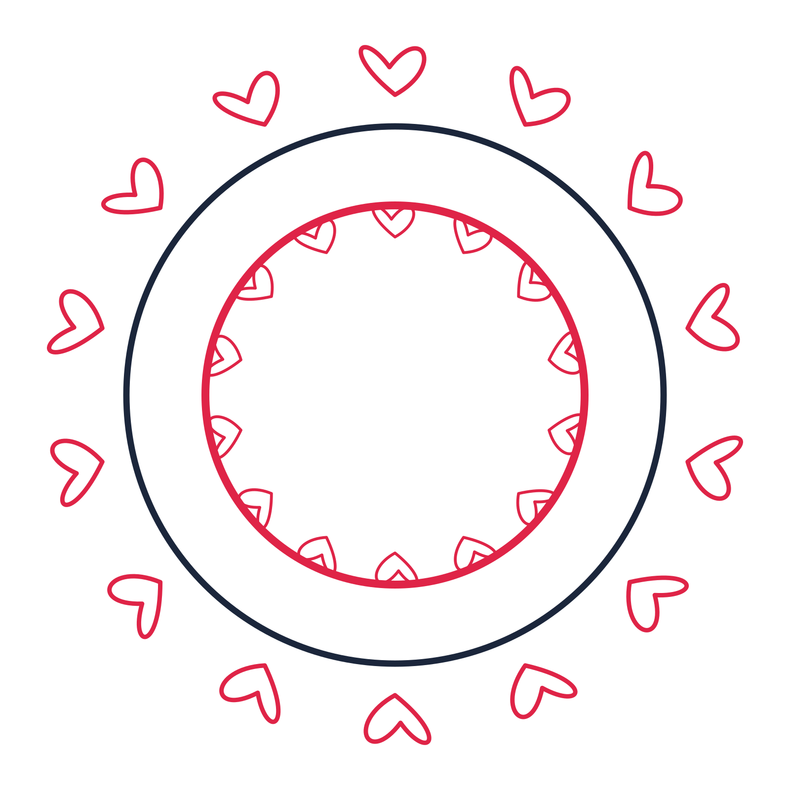 A circular emblem with 14 loop motifs, fine concentric rings and a double orbit structure.