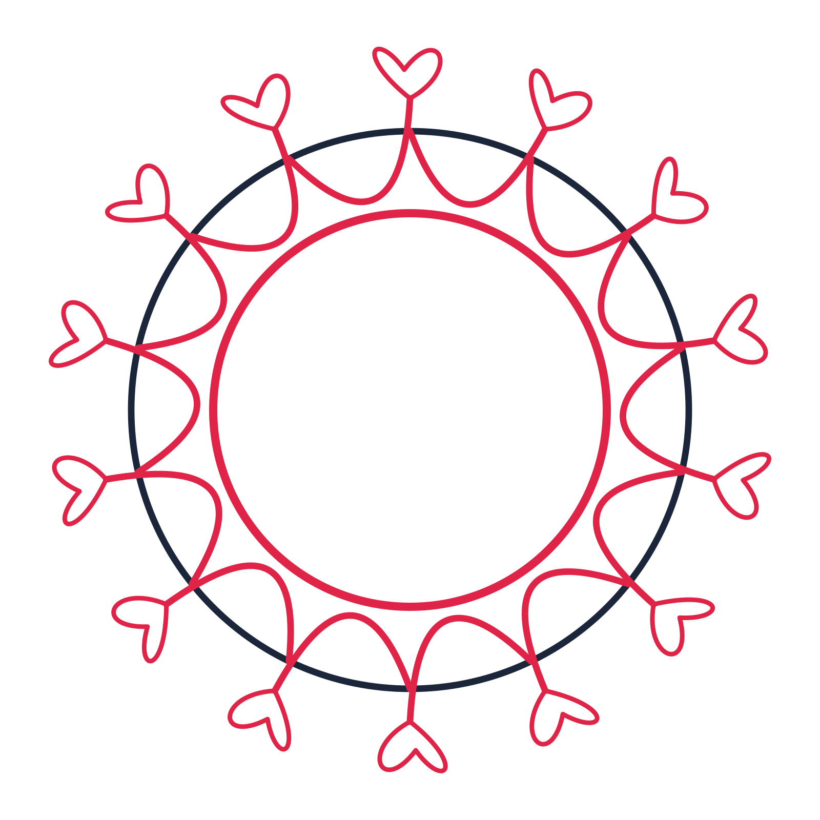 A circular emblem with 14 loop motifs, fine concentric rings and a interlaced structure.