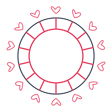 A circular emblem with 14 loop motifs, fine concentric rings and a spokes structure.