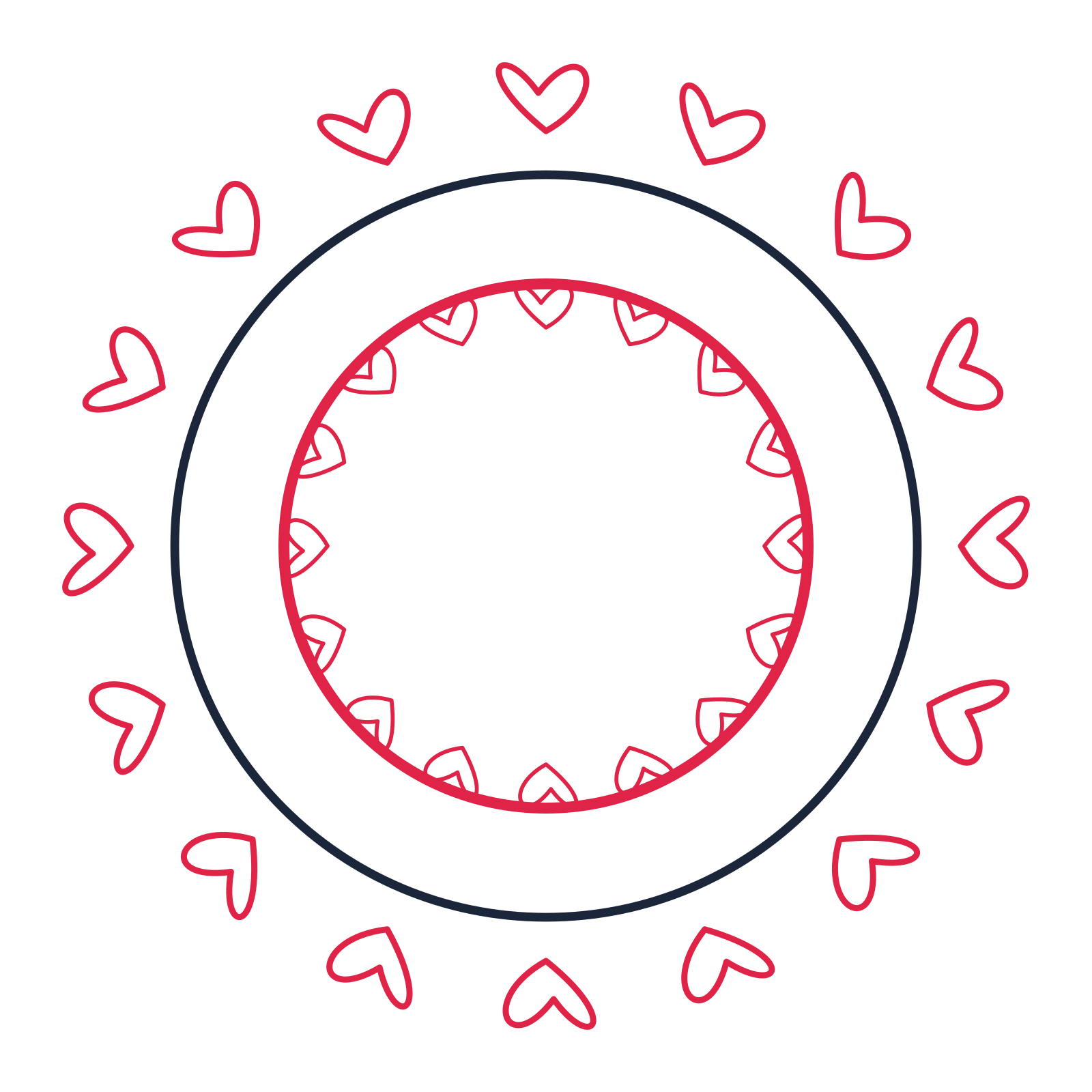 A circular emblem with 16 loop motifs, fine concentric rings and a double orbit structure.