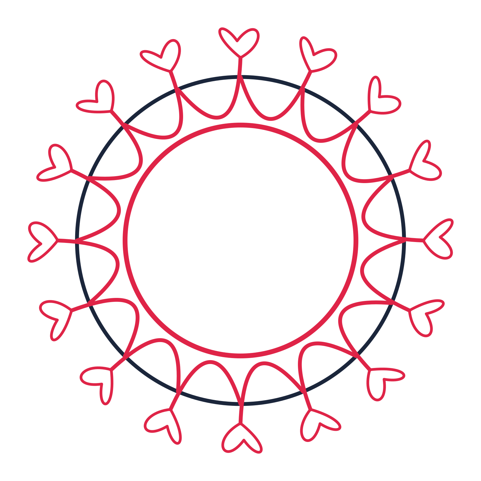 A circular emblem with 16 loop motifs, fine concentric rings and a interlaced structure.