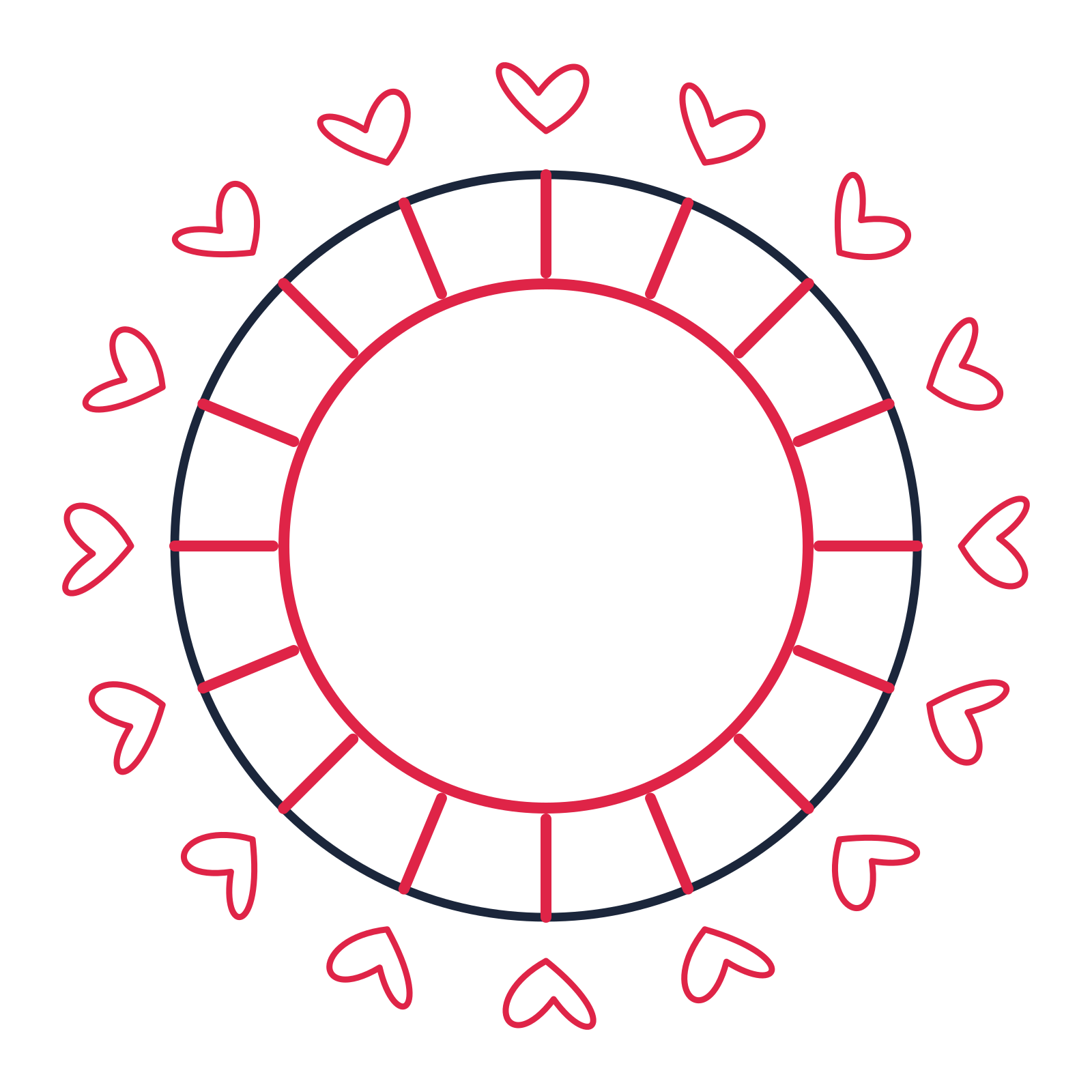 A circular emblem with 16 loop motifs, fine concentric rings and a spokes structure.
