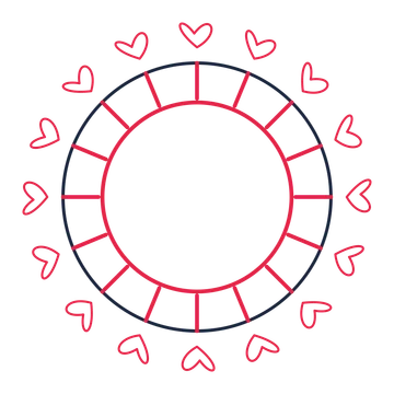 A circular emblem with 16 loop motifs, fine concentric rings and a spokes structure.