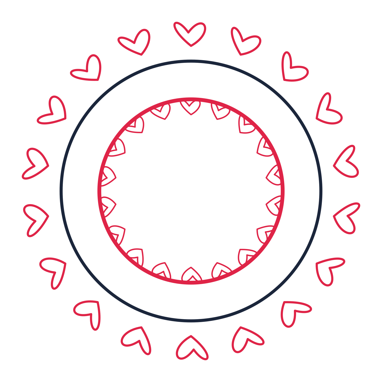 A circular emblem with 18 loop motifs, fine concentric rings and a double orbit structure.