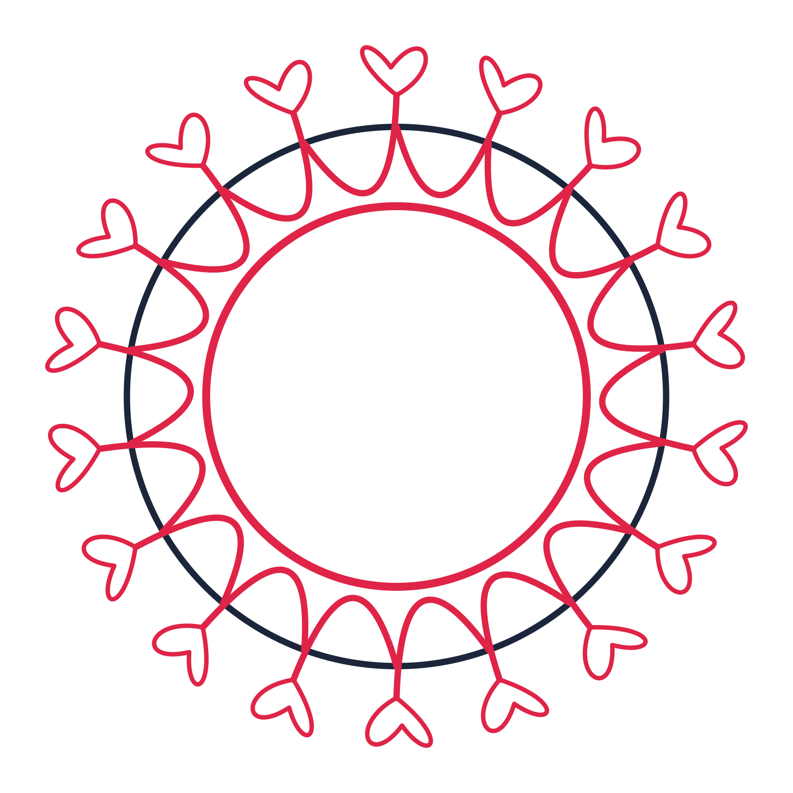 A circular emblem with 18 loop motifs, fine concentric rings and a interlaced structure.