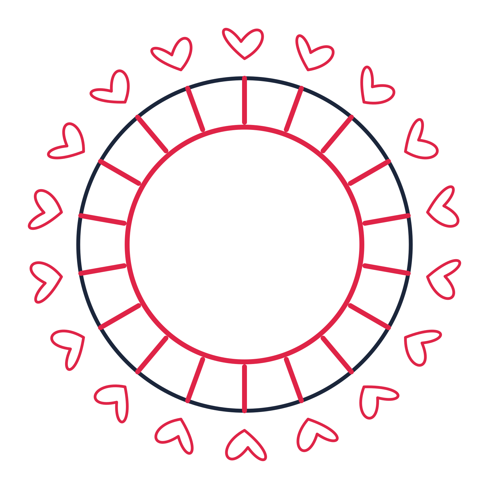 A circular emblem with 18 loop motifs, fine concentric rings and a spokes structure.