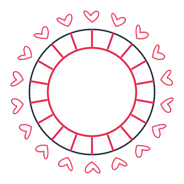 A circular emblem with 18 loop motifs, fine concentric rings and a spokes structure.