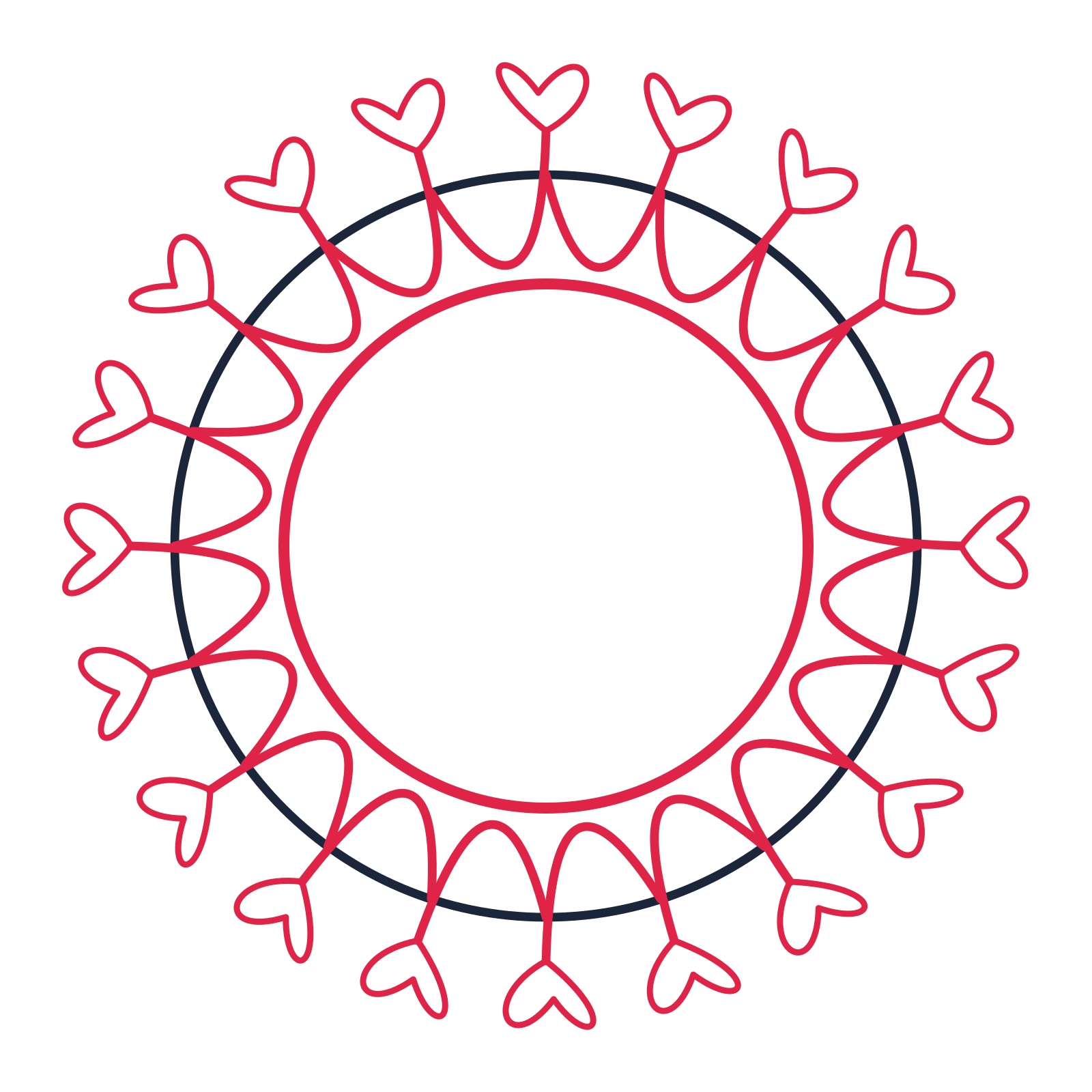 A circular emblem with 20 loop motifs, fine concentric rings and a interlaced structure.