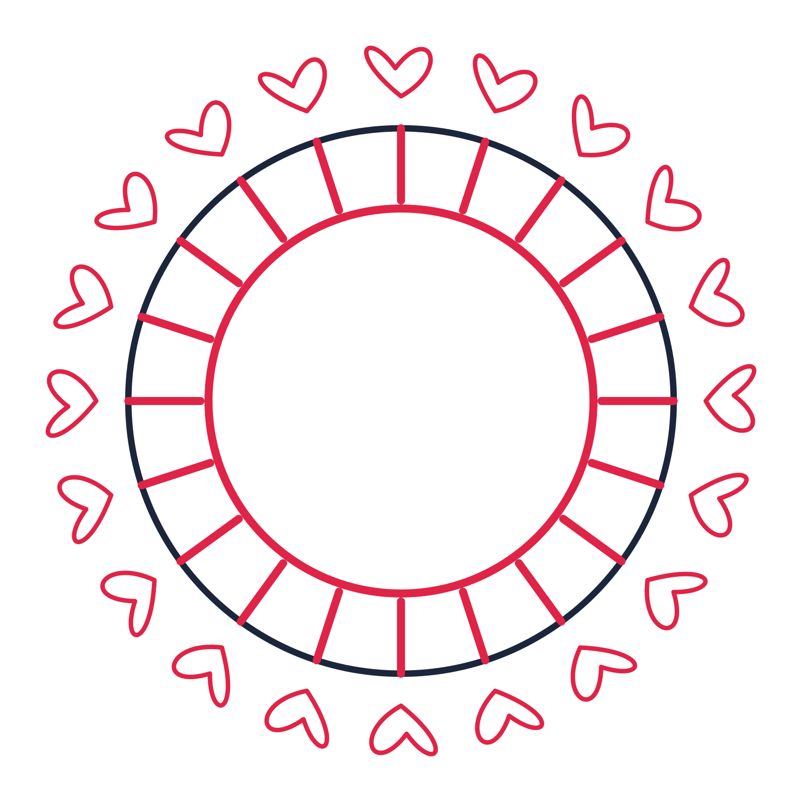 A circular emblem with 20 loop motifs, fine concentric rings and a spokes structure.