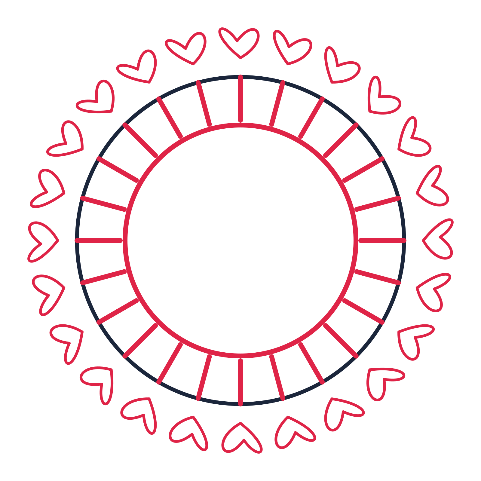 A circular emblem with 24 loop motifs, fine concentric rings and a spokes structure.