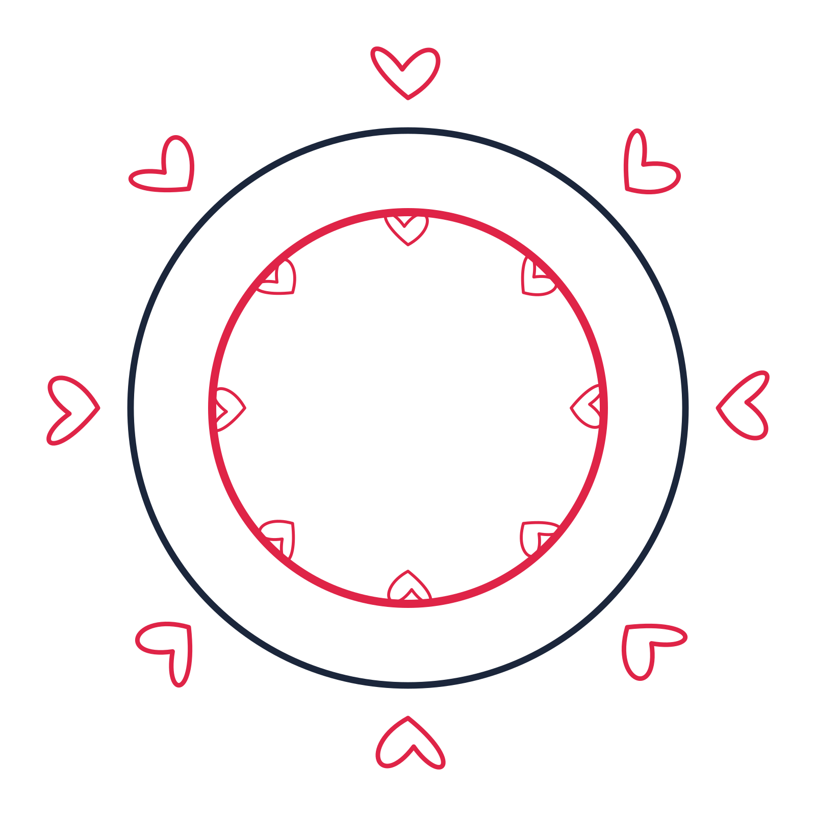A circular emblem with 8 loop motifs, fine concentric rings and a double orbit structure.
