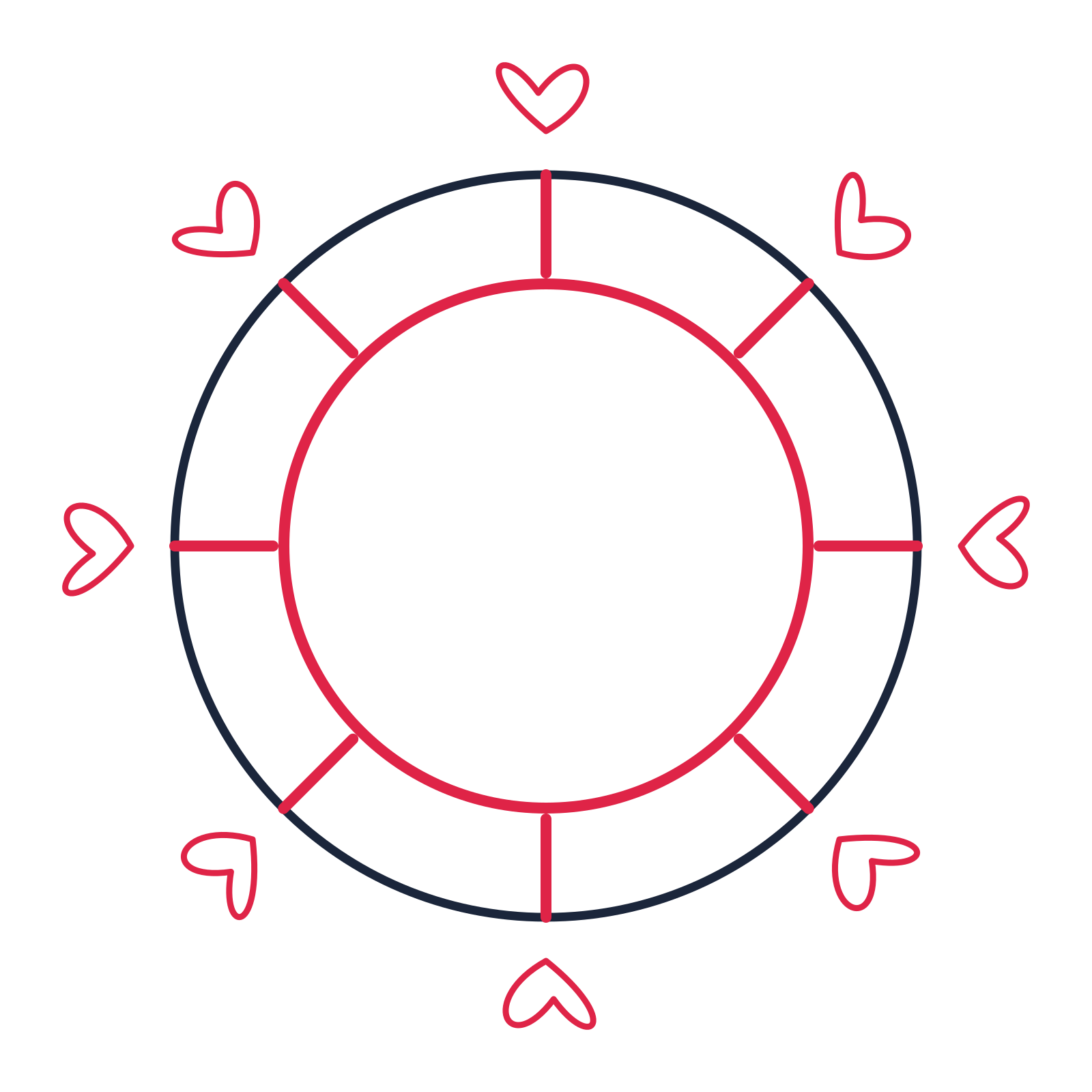 A circular emblem with 8 loop motifs, fine concentric rings and a spokes structure.
