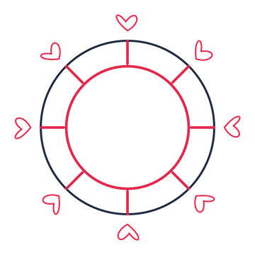 A circular emblem with 8 loop motifs, fine concentric rings and a spokes structure.