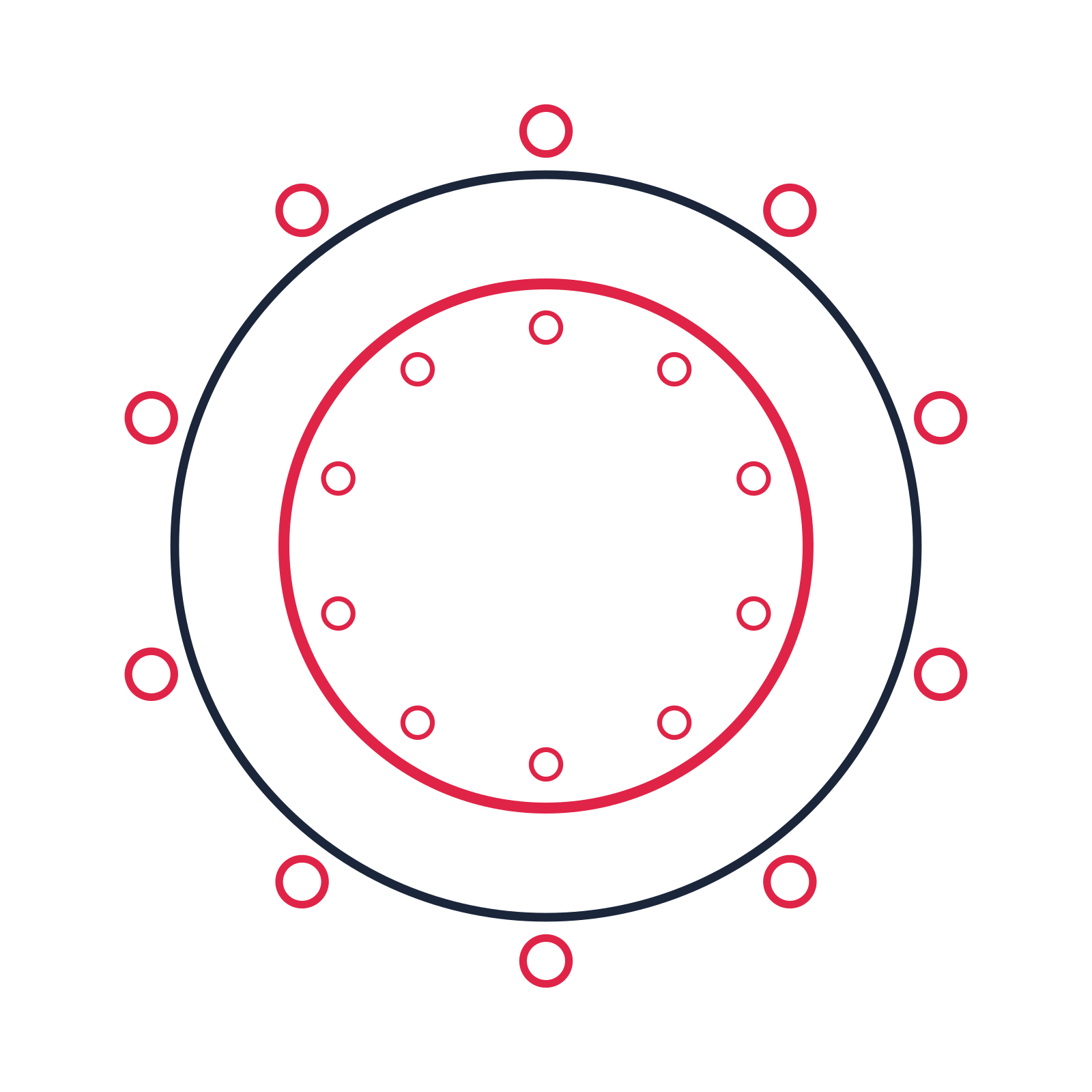 A circular emblem with 10 ring motifs, fine concentric rings and a double orbit structure.